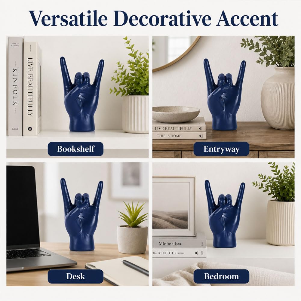 QIANLING 7.7" Blue Resin Rock On Hand Gesture Statue - Rock Culture Music Lovers' Decorative Tabletop Sculpture for Bookshelf, Desk & Mantel Decor in Home or Office, Modern Symbolic Figurine