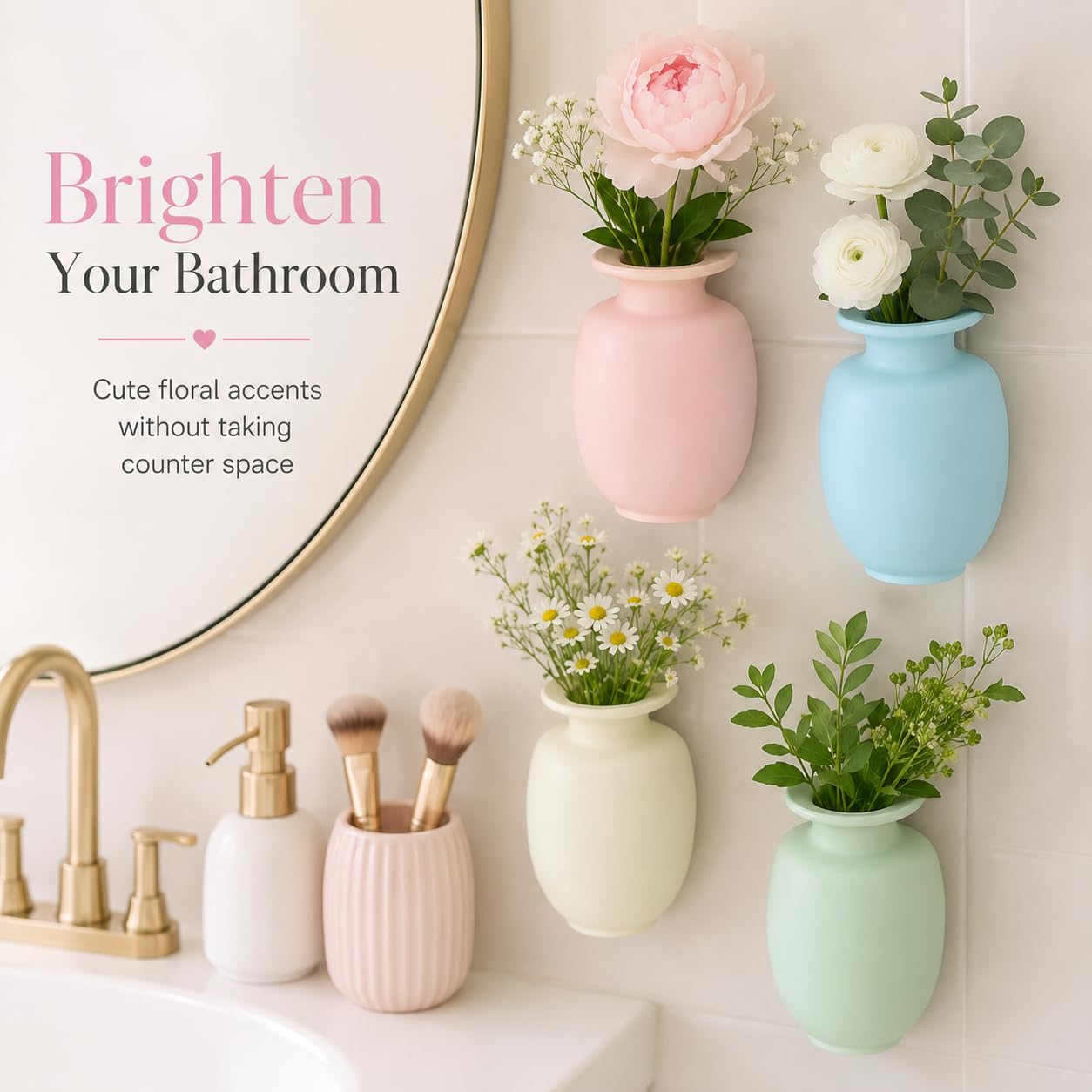 ChezMax Mini Vase 4PCs, Removable Wall-Mounted Flower Vase Reusable Hanging Flower Pot on Fridge Door Glass Window Tile for Home Office Bathroom Shop Decoration (Blue+Green+Pink+Beige)