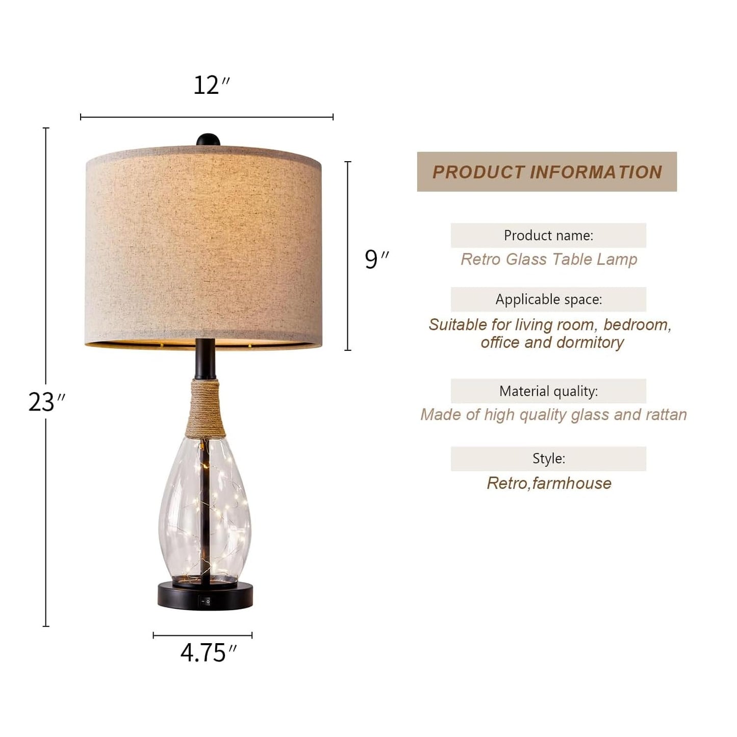 OYEARS Bedside Table Lamp with USB, 23‘’ Black Modern Nightstand Lamps for Bedroom, Retro Rattan Table Lamps for Night Stands, Living Room, Farmhouse Table Lamp with Glass Nightlight Lamps