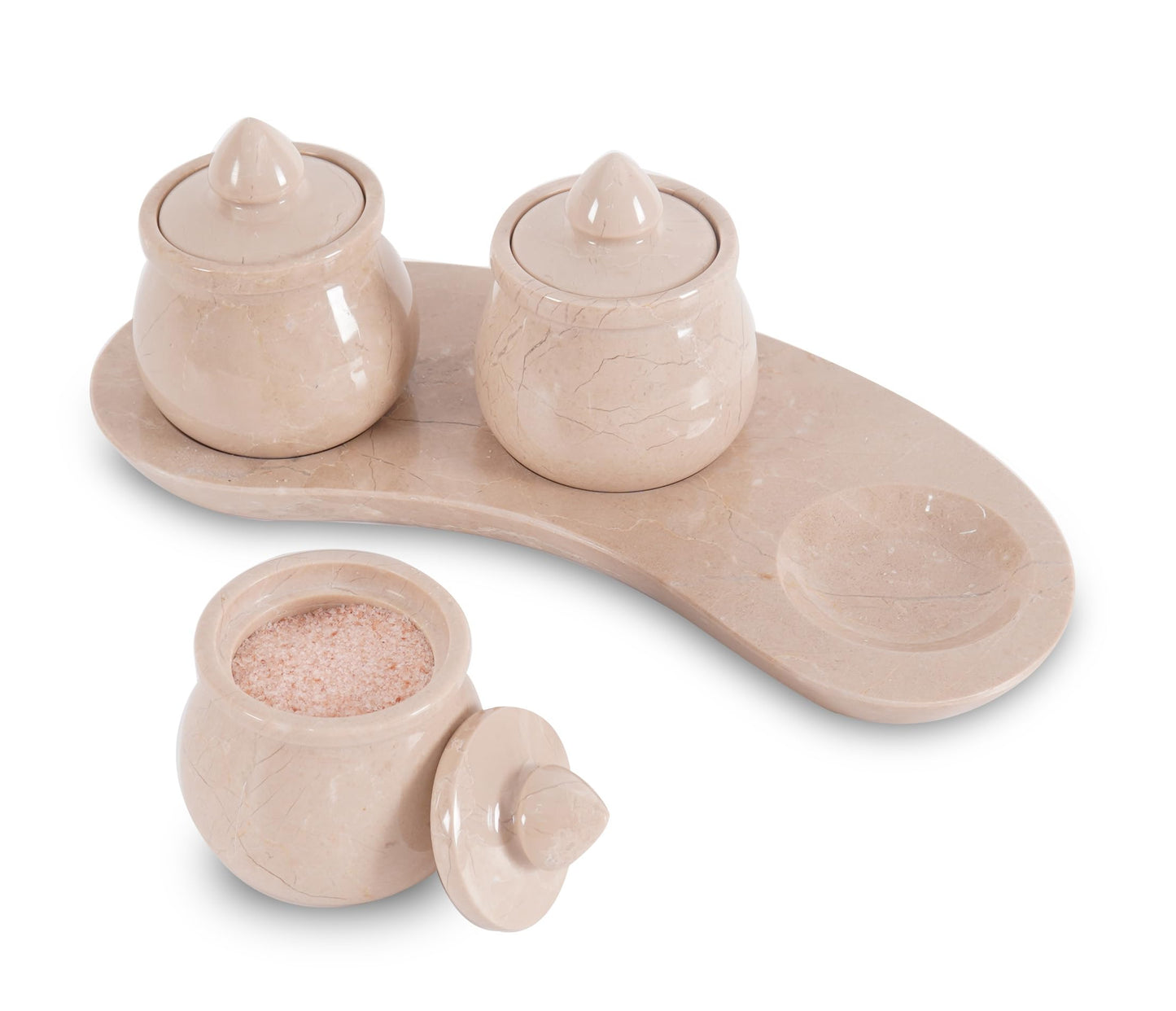 Marble Salt Cellar with Lid 3.5 Inch Natural Verona Stone Salt Holder with Tray Set of 3, Stylish Countertop Jar for Spices, Sugar, Seasoning, Condiments & Dining Table Use