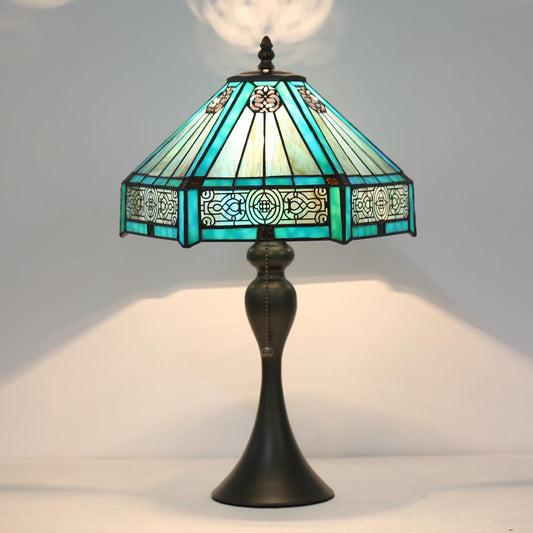TFNALNB Tiffany Style Table Lamp, Stained Glass Lamp, 12x12x19 Inch, Vintage Metal Base Desk Light,（Green）