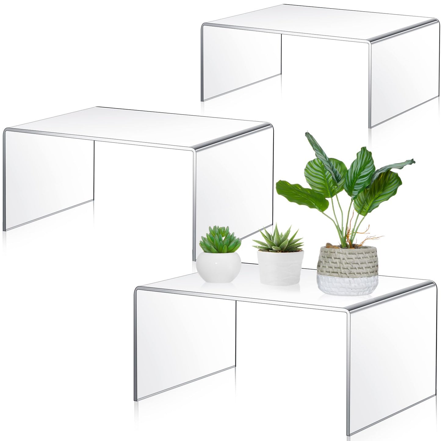 RattanView 3 Pcs Extra Large 13,12,11 Inch Acrylic Display Risers Clear Acrylic Shelf Riser Display Stands 5 mm Thick Rectangular for Collectibles Figures
