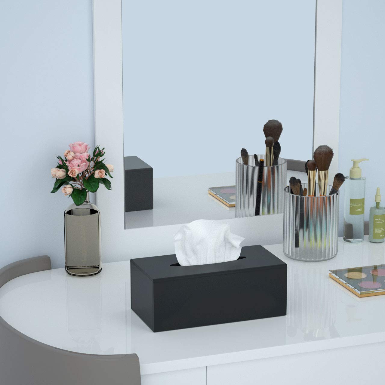 FEMELI Acrylic Tissue Box Cover Rectangular - Matte Solid Cube Napkin Holder with Magnetic Bottom, Modern Decorative Facial Paper Dispenser for Bathroom, Bedroom, Kitchen - Black