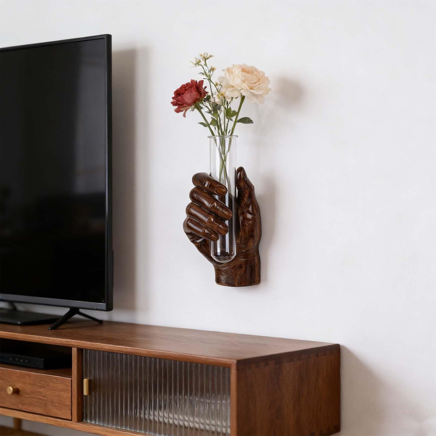 Hand Wall Sculpture with Vase – Unique Resin Art, Wall-Mounted Flower Vase, Modern Decor for Living Room, Office, Apartments, Stylish Home, Elegant Interior, Contemporary Decoration (Wood)