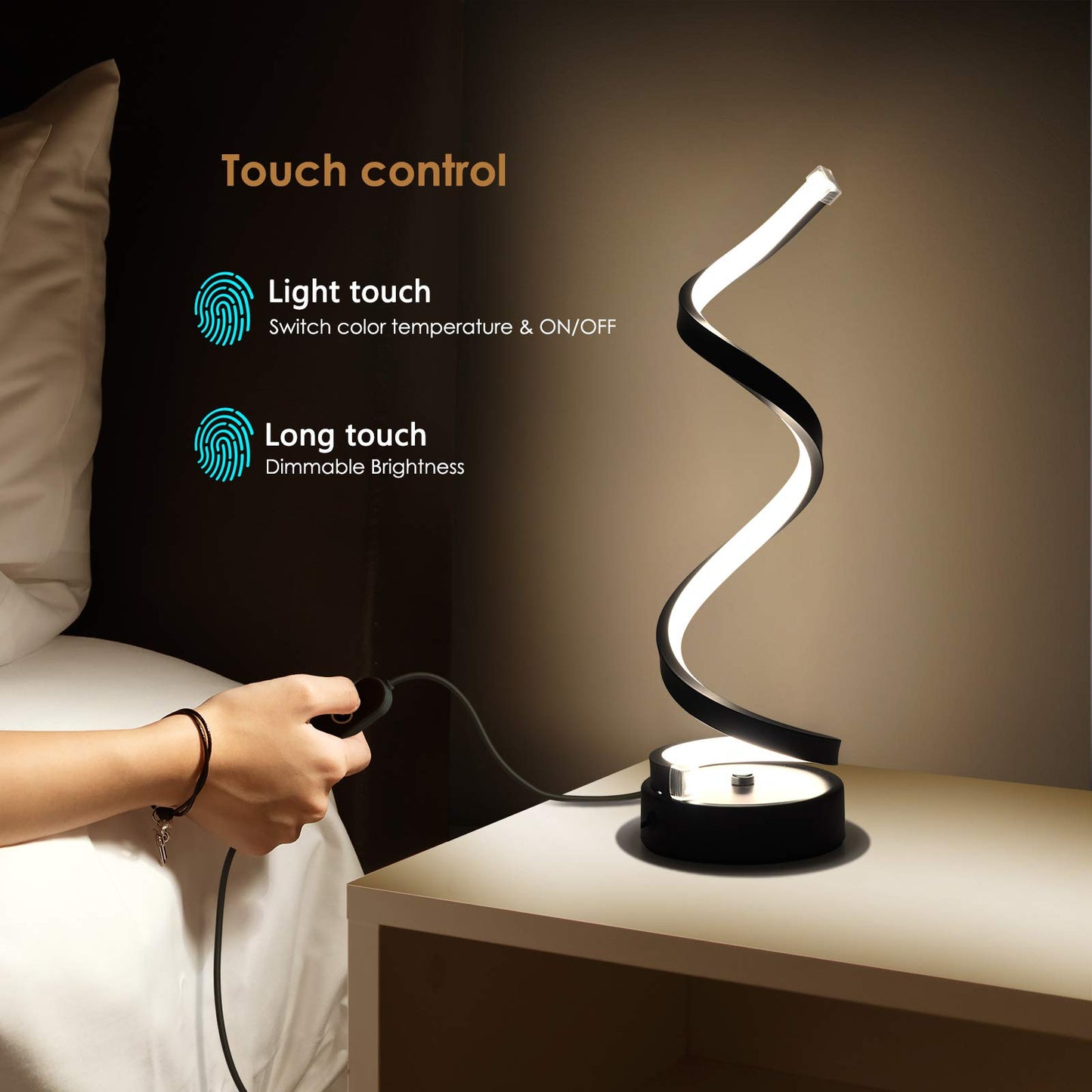 NUÜR Classic Spiral LED Table Lamp Black, Dimmable Metallic Bedside Lamp with Touch Controller, 3 Colour Temperature, 15.8 Inch Height, Contemporary, Decorative Lamp for Home, Living Room & Office