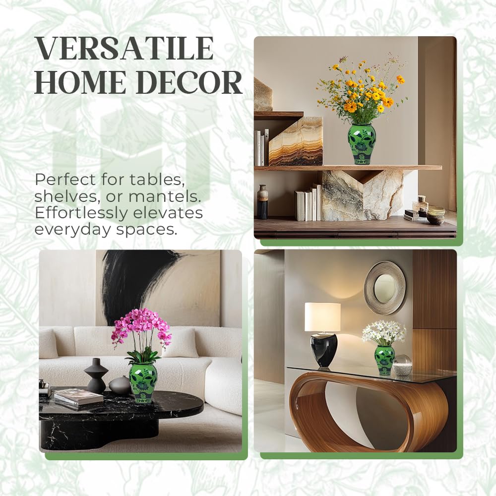 Andaliz Green Floral Ceramic Vase with Black Pattern, Hand-Painted Oriental Vase for Home Decor, 9.4 Inch Table Centerpiece, Modern Chinoiserie Vase