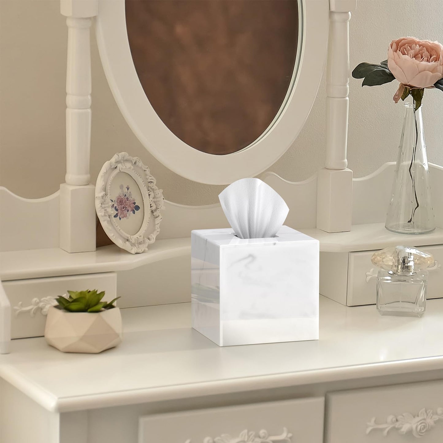 SILUT Stylish Tissue Box Cover Square, Marble Texture Tissue Box Holder, Decorative Tissue Holder for Bathroom, Kitchen, Vanity, Modern Tissues Organizer for Home, Hotel