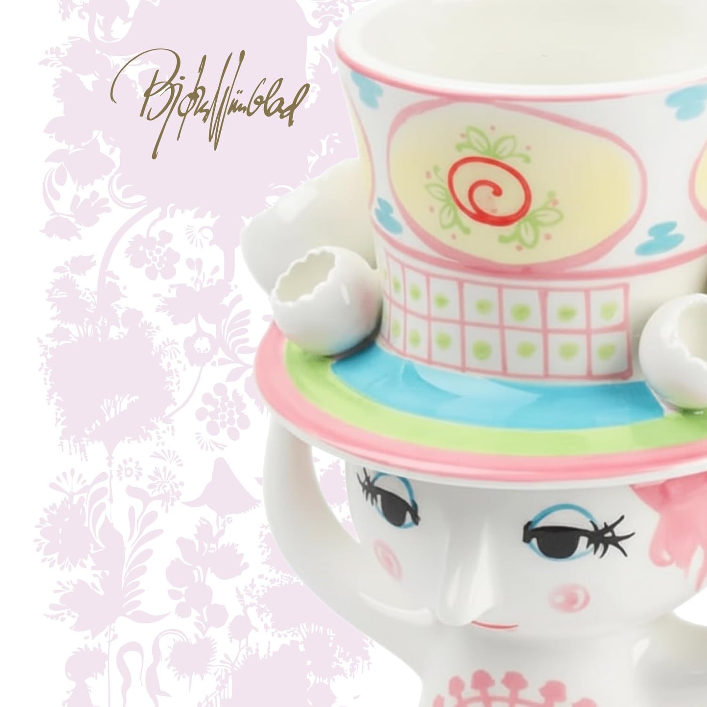 Bjørn Wiinblad Lady with Hat Vase | Hand-Painted Glazed Ceramic | Pink Yellow | 8.1 in