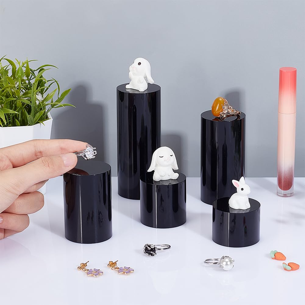 BENECREAT 5Pcs Black Acrylic Display Block 1.2/1.6/2.4/3.2/4 Inch Round Cylinder Solid Display Pedestal Stand for Jewelry Gem Display Pop Figures Cosmetic Showing