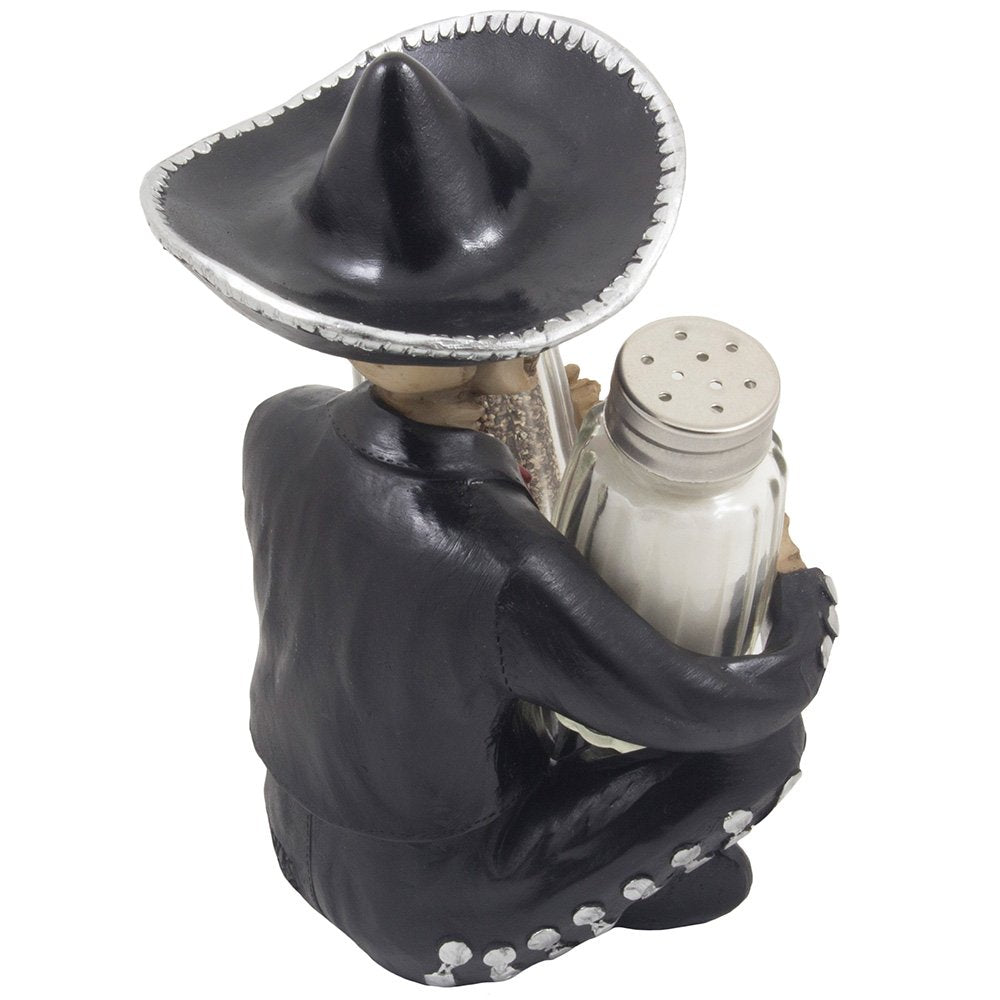 Dia de Los Muertos Mariachi Skeleton Salt and Pepper Shaker Set with Decorative Figurine Holder for Day of the Dead Mexican Festival Decor or Halloween Party Kitchen Table Decorations As Gothic Gifts