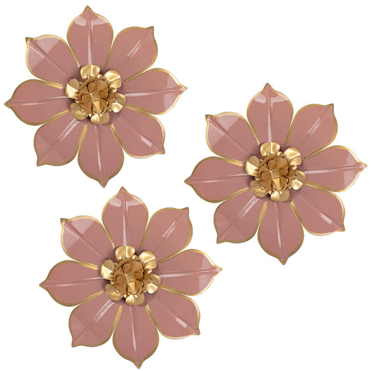 Metal Flowers Wall Decor Set of 3, Pink Metal Flower Wall Art Decor for Inoor & Outdoor Use, 3D Vintage & Modern Pink Walls Arts for Bathroom, Living Room, Bedroom, Garden, Patio, Porch, Office, 10"