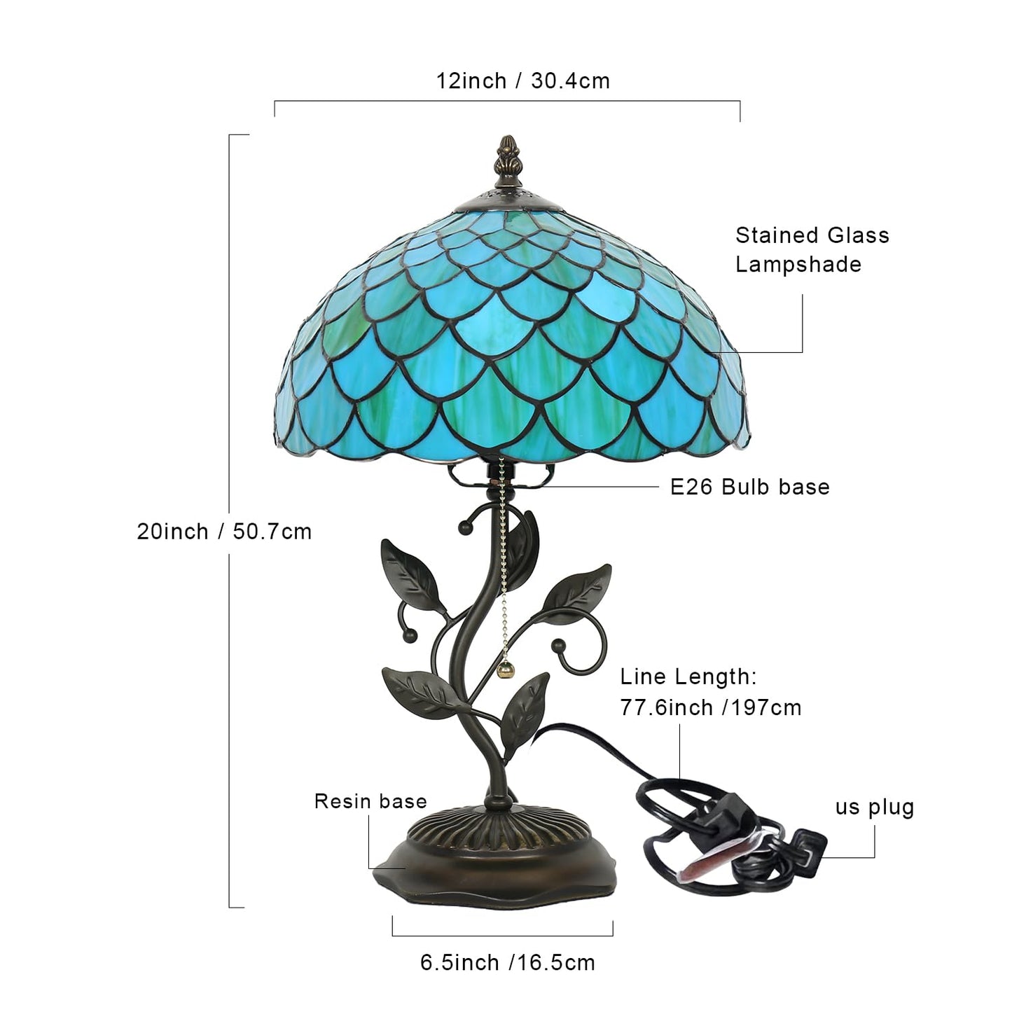 TFNALNB Tiffany Table Lamp, Stained Glass Blue Green Dragon Scale Lamp,Metal Leaf Base Decor Lamp, 12x12x19 Inch for Bedroom, Living Room, Home, Office