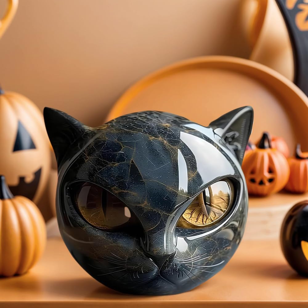 FACIOWN Black Cat Stone Sculpture,Figurine Handcrafted Look Resin Statue,with Amber Eyes, Elegant Shelf Decor for Home or Office (Yellow)