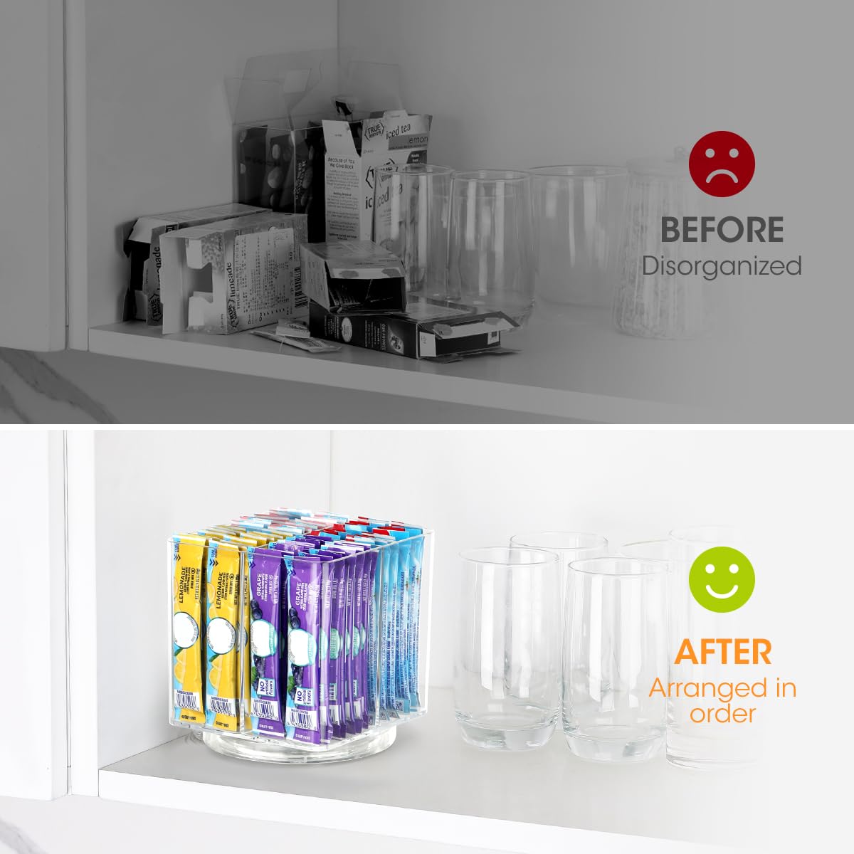 AIEVE Drink Packet Organizer, Lazy Susan Organizer for Water Flavor Packets, Drink Mix Rotating Turntable Sugar Packet Holder Container for Pantry Organizers and Storage, Square