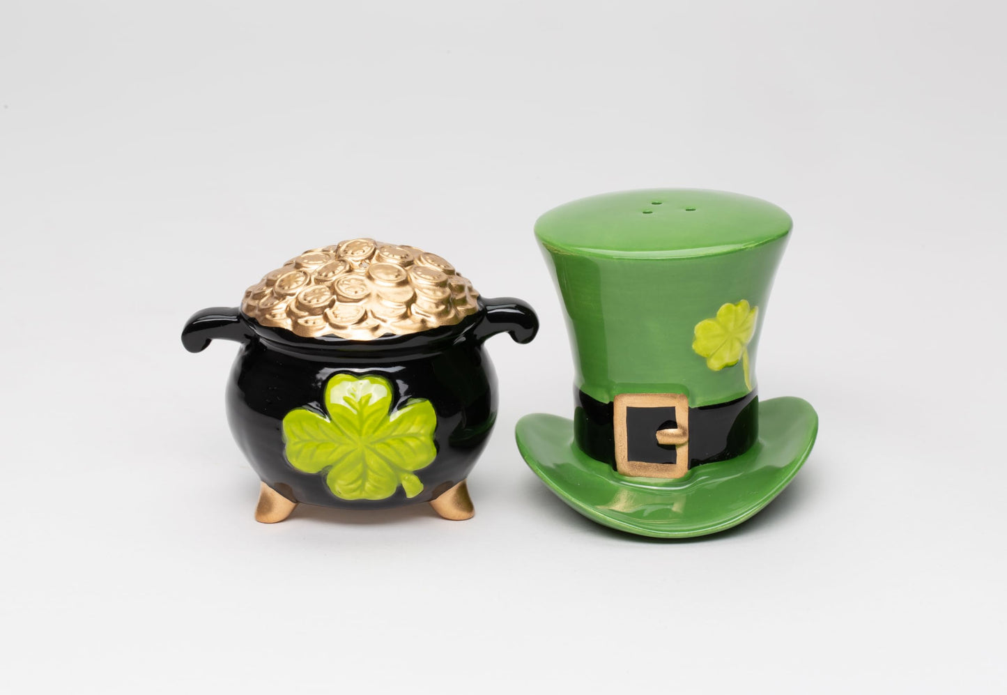 Fine Ceramic St Patrick's Irish Top Hat & Pot of Gold Salt & Pepper Shakers, 4-3/4" H