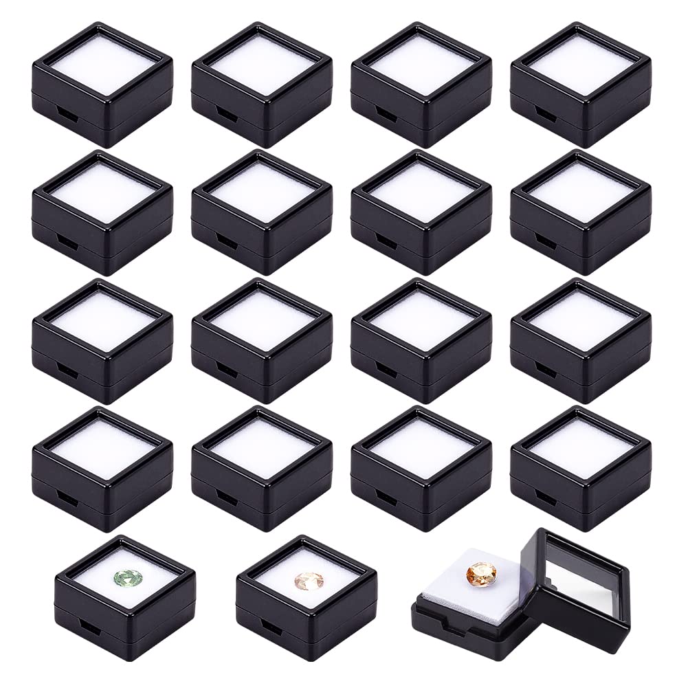 BENECREAT 36 Pcs Black Gemstone Display Box Plastic Transparent Bare Stone Box Black Square Jewelry Box 1.16x1.16x0.65 Suitable for Gemstone, Jewelry, Crystal Diamond Accessories Display