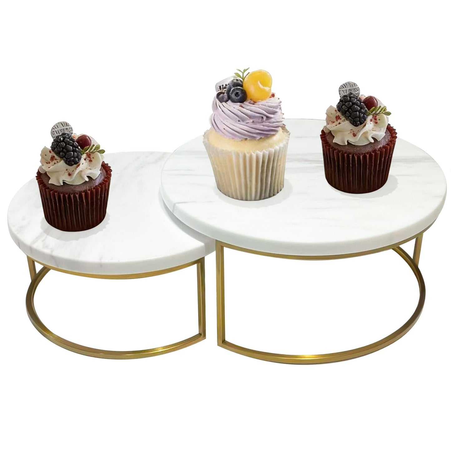GDAOHELRS 2-Piece Round Marble Cake Stand Set - 9.5 and 7.9 Inch Marble & Gold Dessert Display for Wedding, Party Decor