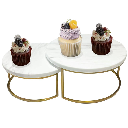 GDAOHELRS 2-Piece Round Marble Cake Stand Set - 9.5 and 7.9 Inch Marble & Gold Dessert Display for Wedding, Party Decor