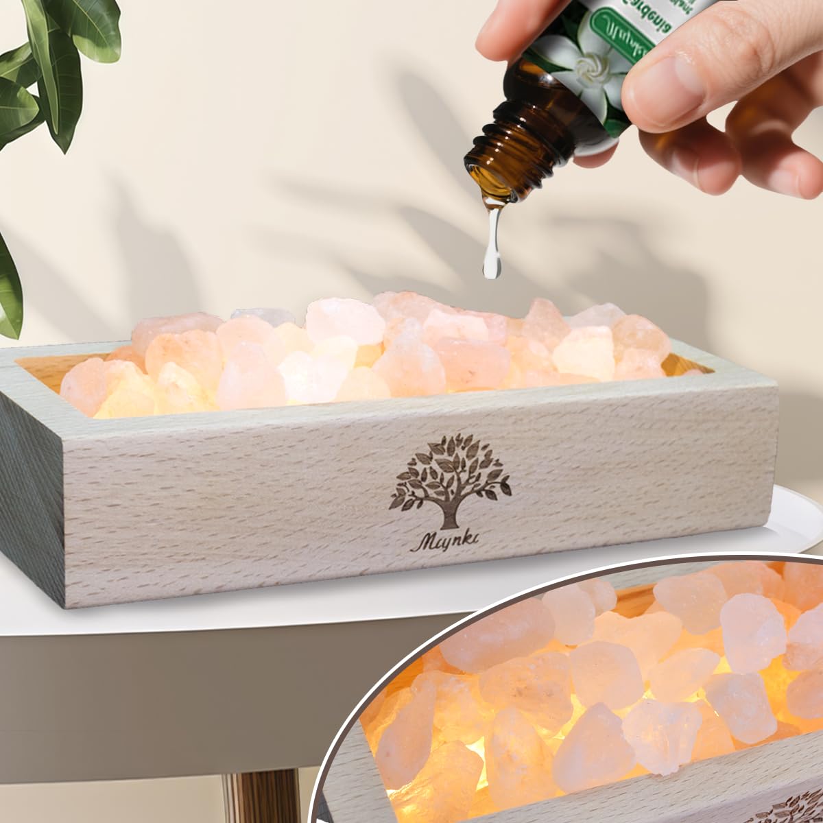 mlynkl Himalayan Pink Salt Lamp Diffuser with Wood Base - 300g Natural Salt, USB Powered, Warm Light & 10ml Gardenia Essential Oil Set for Aromatherapy, Relaxation, Meditation, Home Decor, Gifts