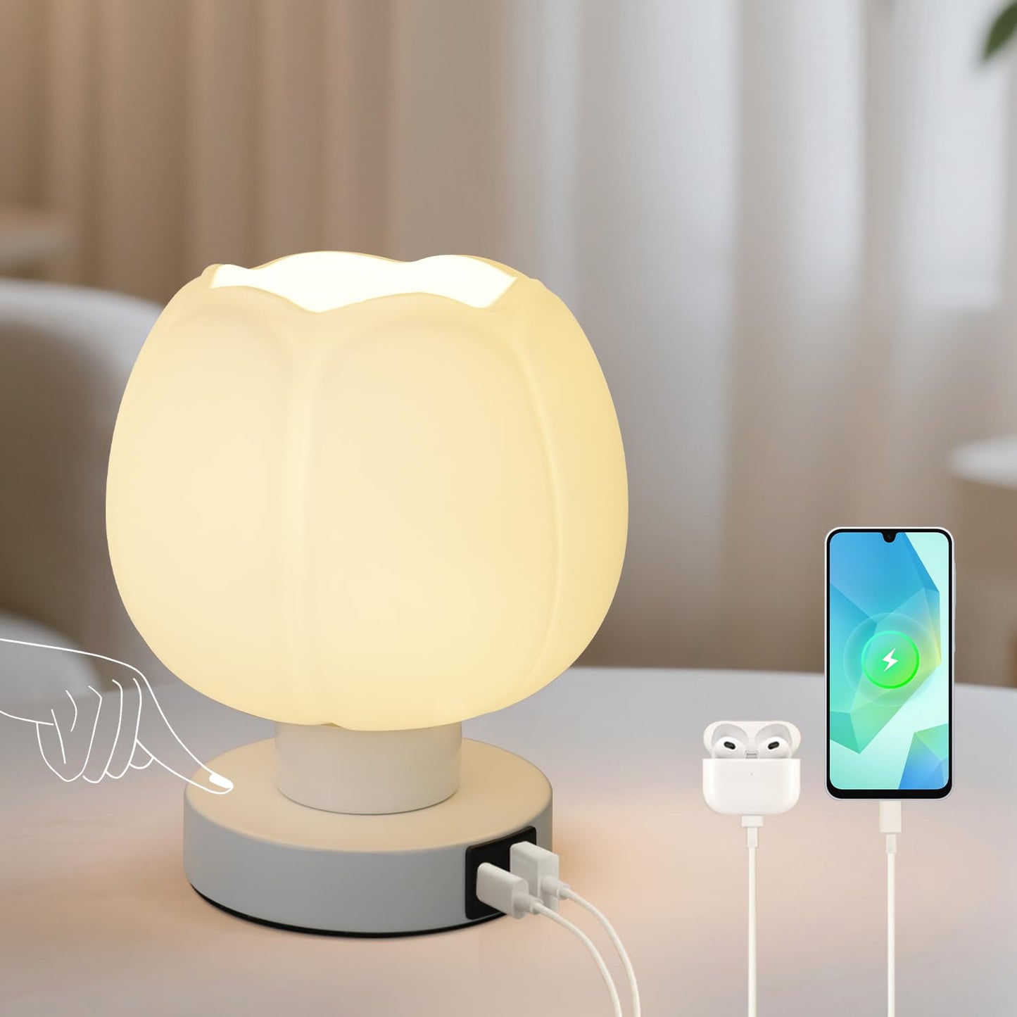 Komothala Touch Bedside Lamp with USB C+A Charging Ports,Tulip Flower Lamp with White Glass Lamp Shade, Warm LED Bulb, 3 Way Dimmable, Small Table Lamp for Bedroom Nightstand Living Room