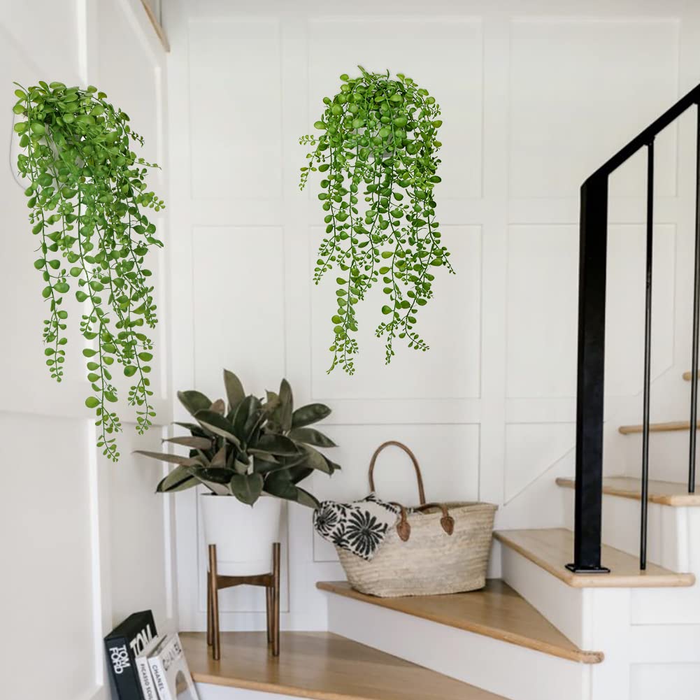 Fake Hanging Plant Large Artificial Hanging Plants 21” Long Hanging Plants Artificial Decor with White Ceramic Pot Faux Hanging Plant Succulents for Home Bedroom Bathroom Wall Table Shelf Decor