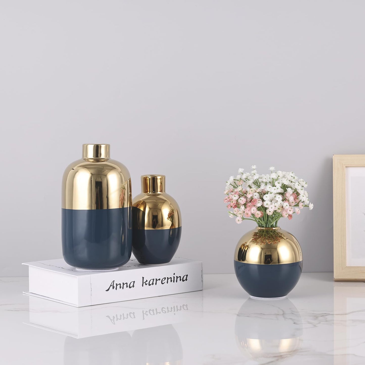 Blue & Gold Ceramic Vase Set of 3, Modern Round Circle Electroplated Two-Tone Decorative Vases for Pampas Grass, Dining Table Wedding Centerpiece, Living Room Bedroom Office Bookshelf