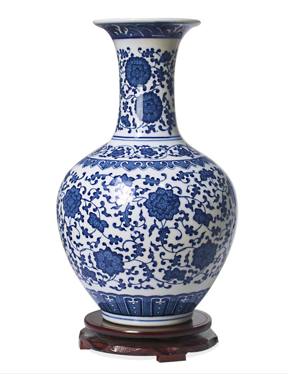 Dahlia Blue and White Vase, Handmade Chinese Porcelain Flower Vase, Lotus Motif, Chinese Bottle Shape 13.5 Inches
