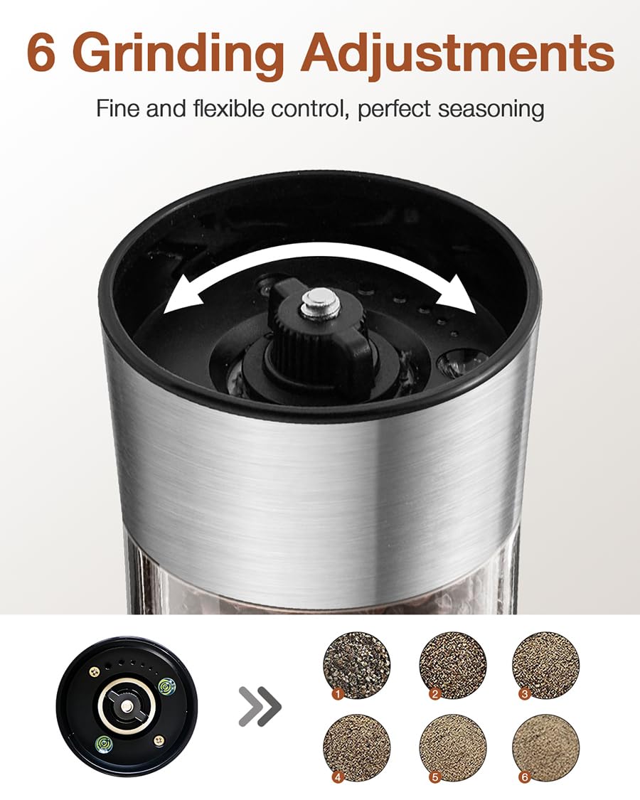 Gravity Electric Salt and Pepper Grinder Set, Automatic Mills with Rechargeable Charging Base, Built-in LED Light & Stainless Steel Body