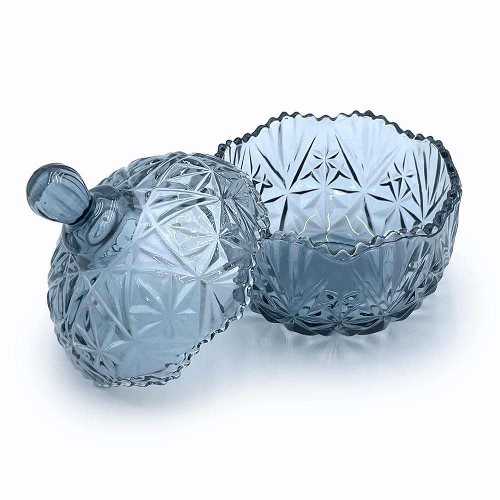 EWEIGEER Colorful Crystal Glass Candy Snack Jar Candy Dish With Lids Jewelry Jar Blue Room Bedroom Decor(Blue Grey)