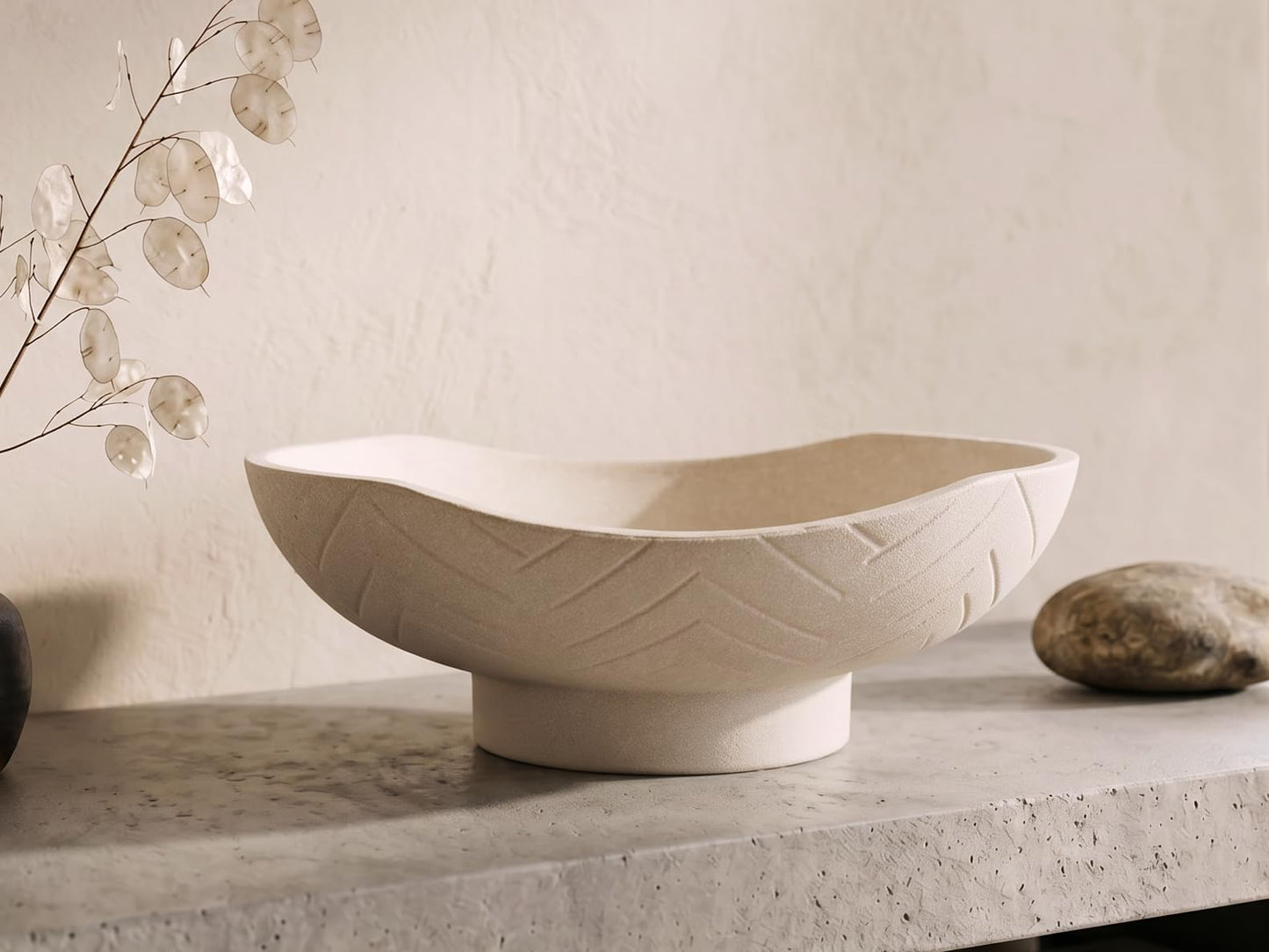 GLIMSDEER Minimalist Decorative Pedestal Bowl, 11.2''D Resin Wavy Catch All Bowl for Keys, Candles, Boho Large Dish for Coffee Table Centerpiece, Entryway Console Table, Beige White