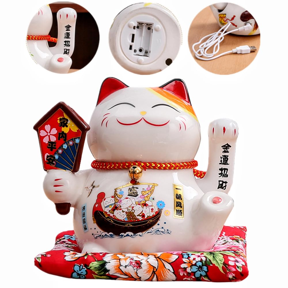 XIYUAN 7 Inch Waving Cat - Ceramic Japanese Lucky Cat, Feng Shui Decorative Desktop Ornament for Home or Office