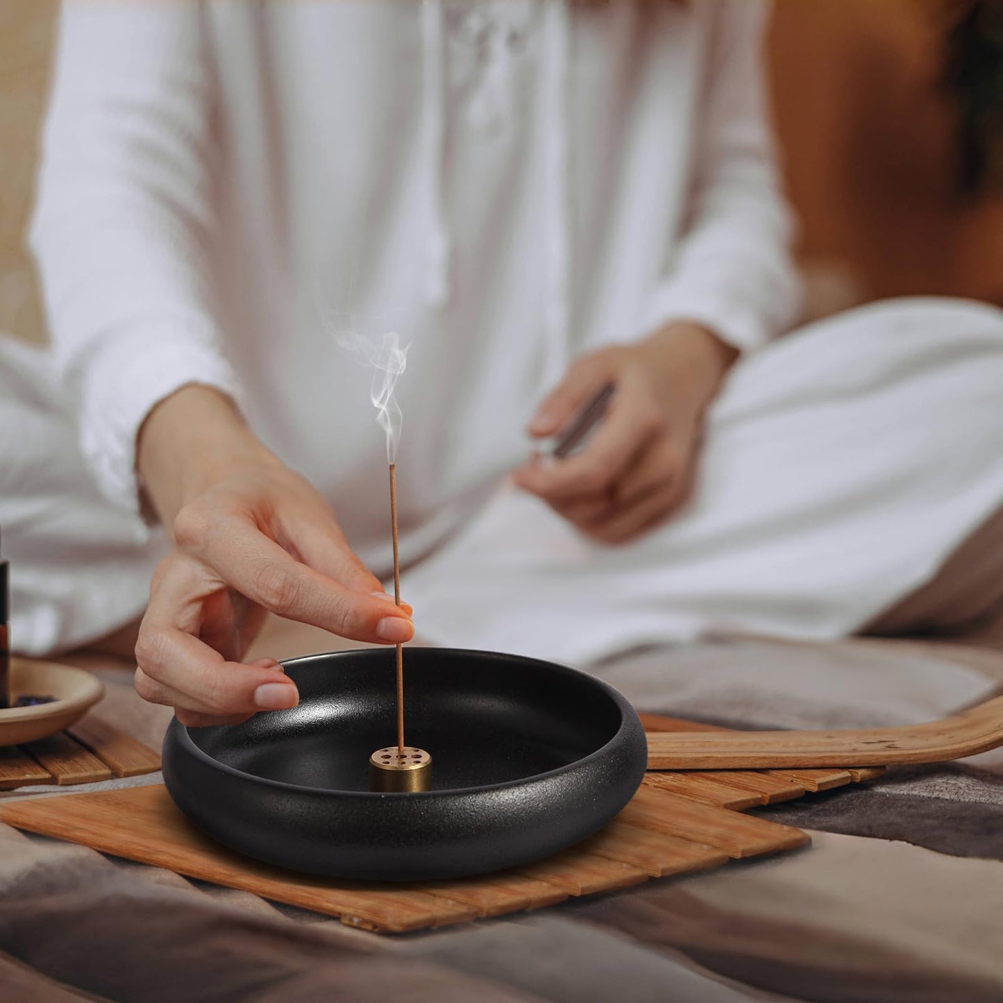 Mofunci Incense Holder for Sticks, Sage, Coil Incense, Incense Stick Holder 5.71" for Yoga Meditation Energy Cleansing, Ceramic Incense Burner Holder with 9 Holes, Ash Catcher, Smudge Bowl (Black)