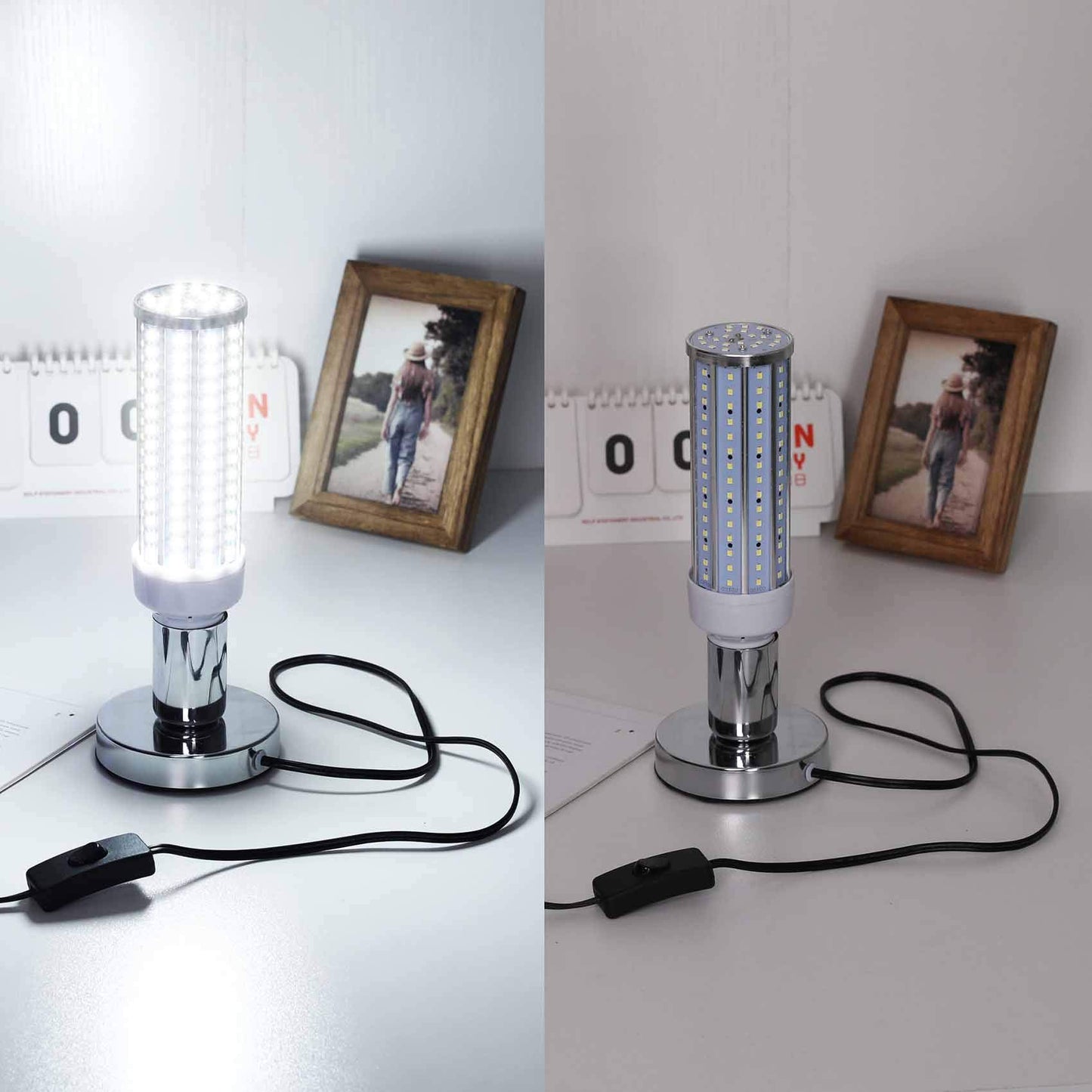 Aplstar Polished Metal Desktop Lamp Base Silver Color Solid E26/E27 Edison Screw Light Bulb Holder Base 5.57ft Cord on/Off Switch with Plug