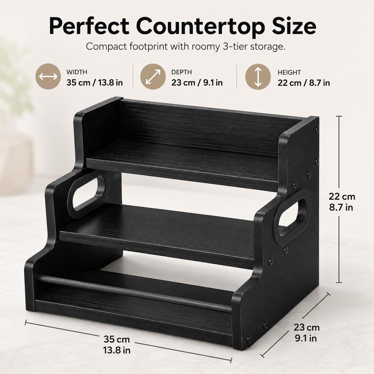 CTCKWMD 3 Tier Spice Rack Organizer for Cabinet, Wood Spice Shelf Storage, Kitchen Seasoning Organizer for Kitchen Countertop or Pantry, Spice Bottles, Bottles, Black