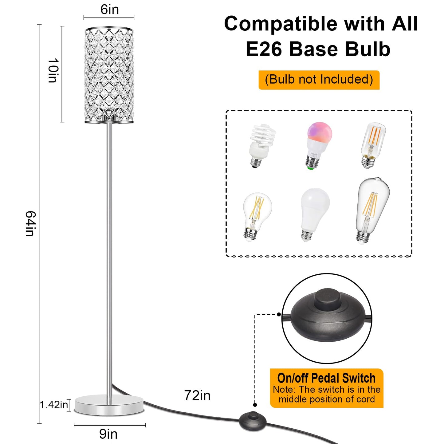 Crystal Floor Lamp, Silver Tall Pole Lamp with On/Off Foot Switch