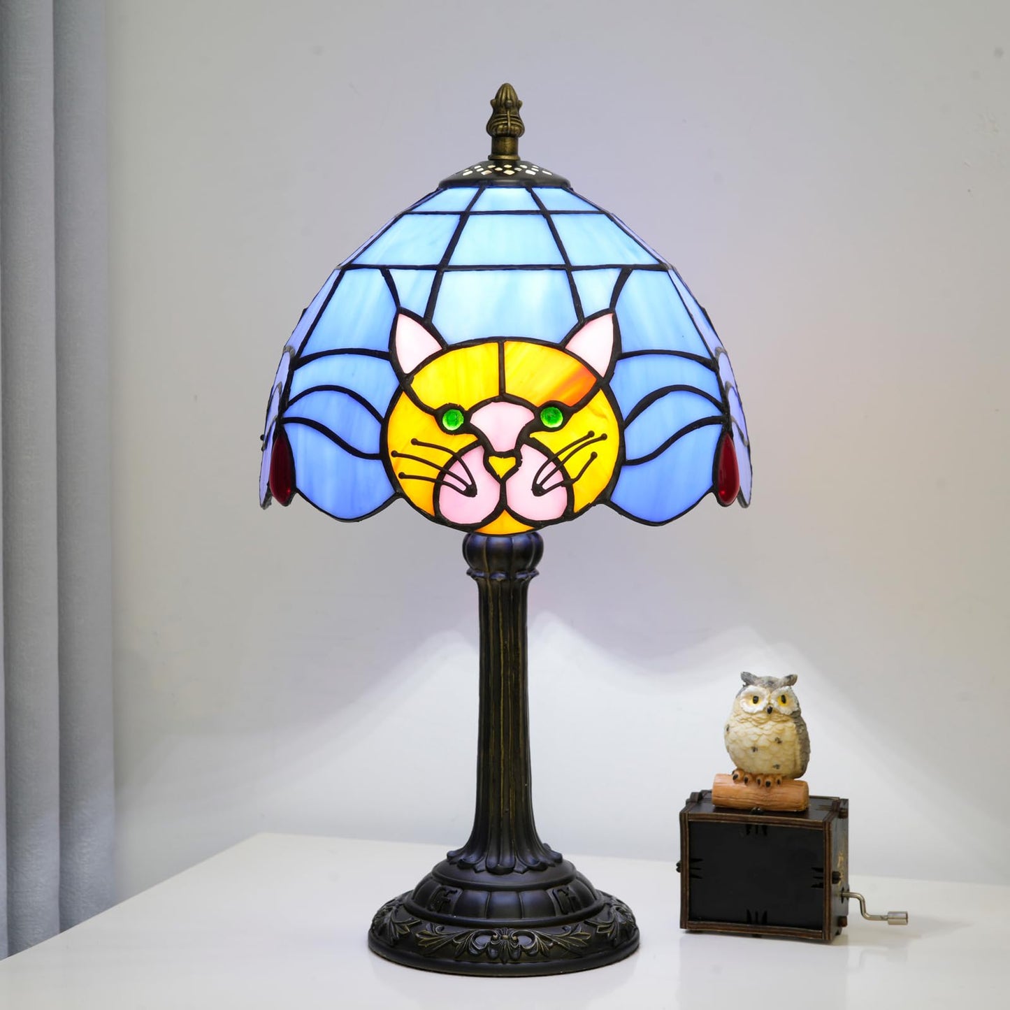 Orange Cat Lamp Tiffany Lamp Blue Stained Glass Table Lamp Cute Small Bedside Nightstand Desk Lamp Warm Light Bedroom Office Living Room Kitchen for Cat Lovers Gift Halloween Christmas Kids Decor LED