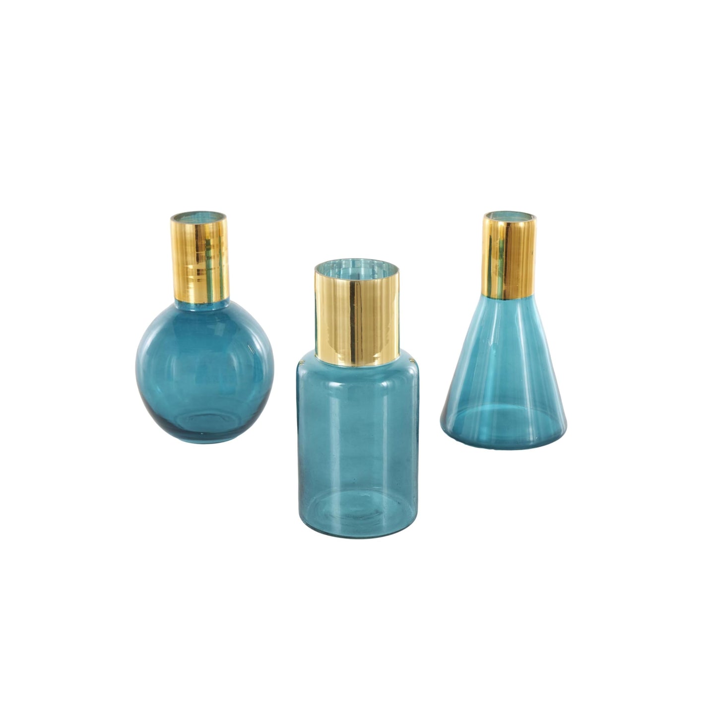Deco 79 Glass Geometric Tinted Vase with Gold Rim and Varying Shapes, Set of 3 8",9",8" H, Blue