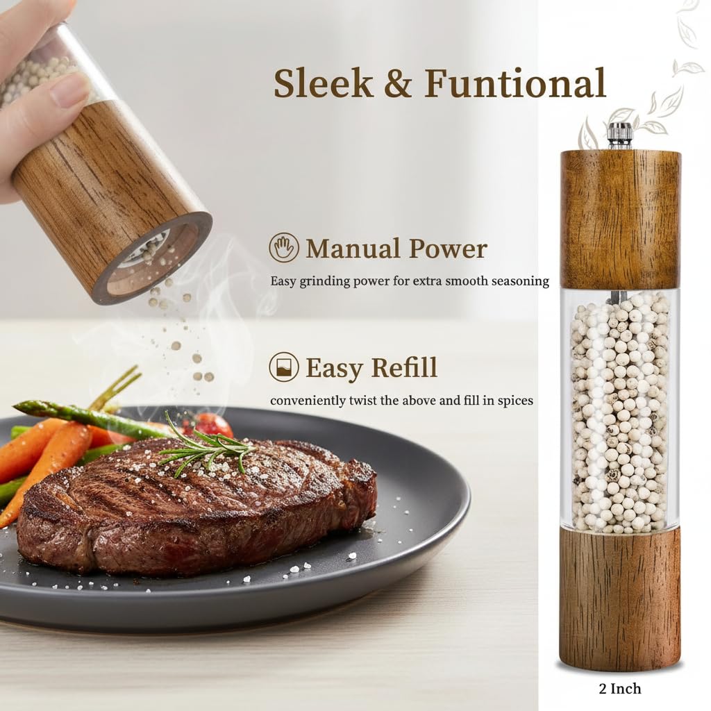 Premium Acrylic Salt and Pepper Grinder Set - Wooden Body with Adjustable Ceramic Wristband - Manual Salt and Pepper Grinder - 8 Inch - 2 Pieces