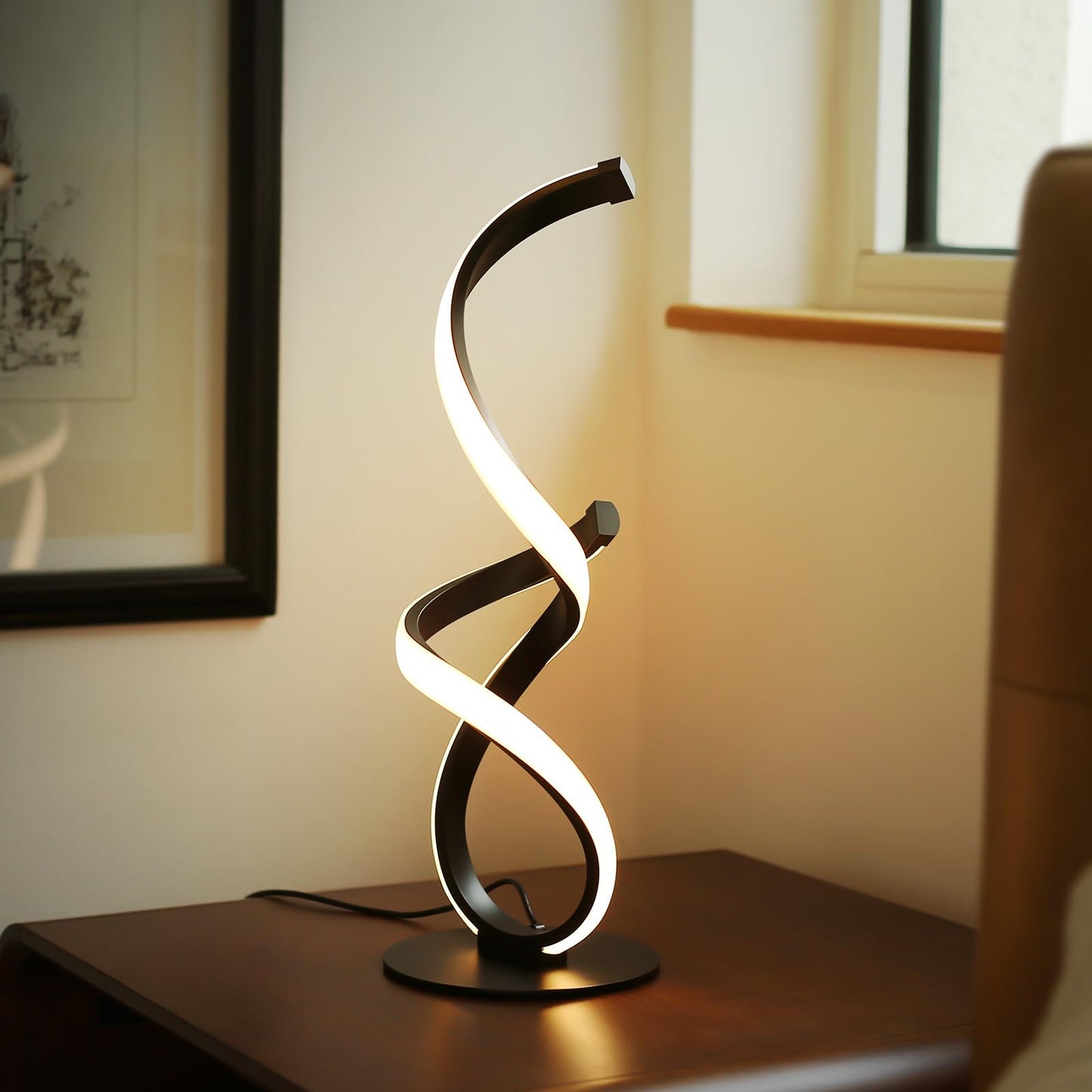 JIOODICH. Modern Touch Lamp for Nightstand, Spiral LED Table Lamp, Dimmable 3 Color Temperature Night Stand Desk Lamp, Unique Bedside Light for Living Room, Bedroom, Cool Lamps for Ideal Gift, Black