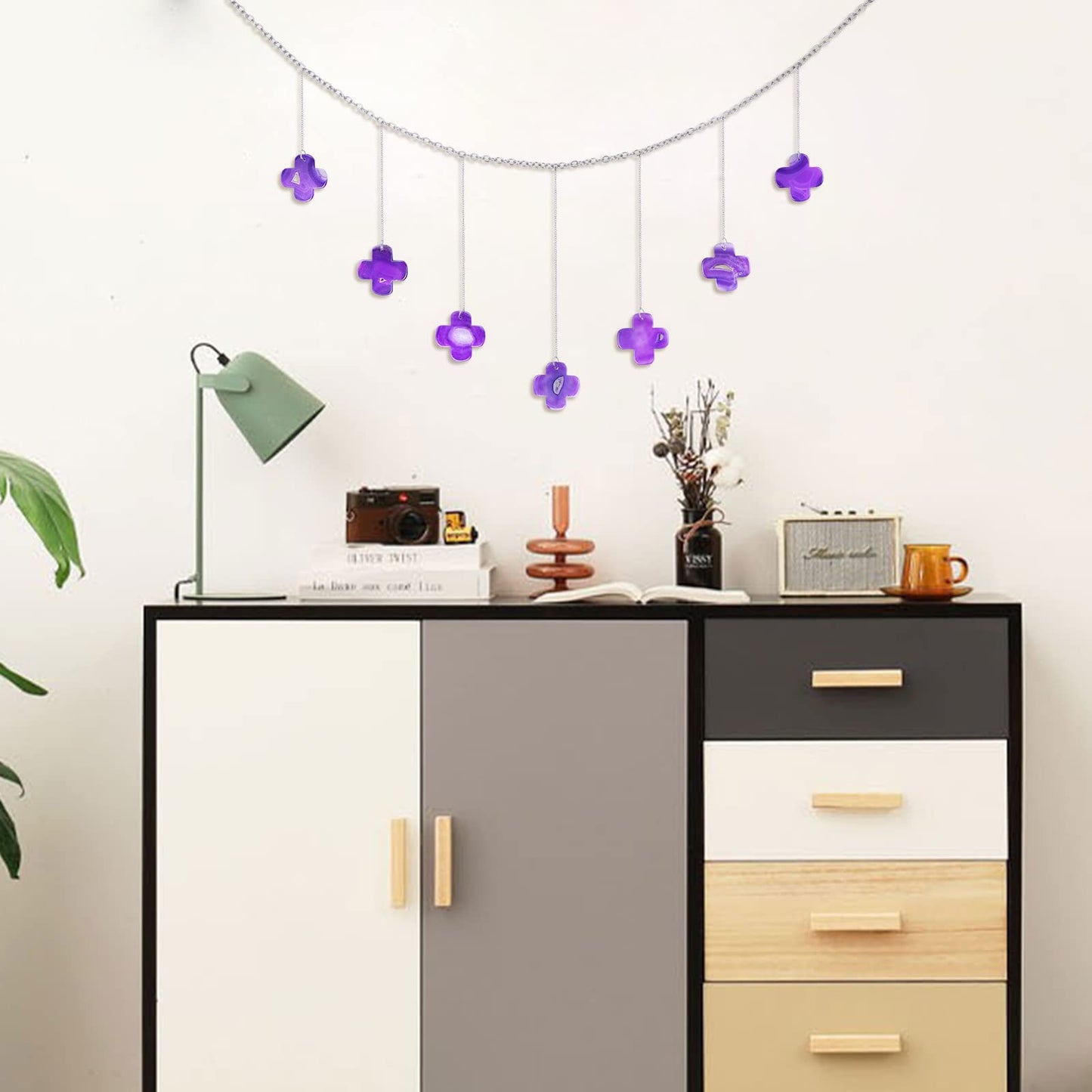 rockcloud Cross Natural Agate Slices Wall Hanging Ornament with Chain, Healing Agate Wall Art Pendant for Headboard Living Room Office Home Decor, Purple