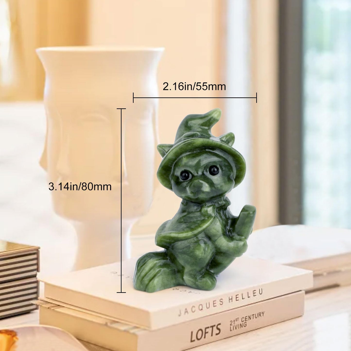 gemshan Green Natural Jade Witch Kitten Hand Carved Art Animal Figurine for Home Office Decoration with Luck