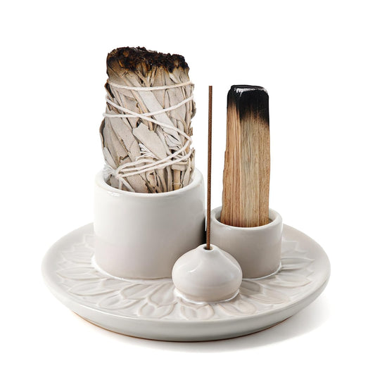 4 in 1 Ceramic Incense Holder, Palo Santo Stick Holder, Sage Holder for Burning, 5.2" Ash Catcher Tray for Meditation, Yoga & Home Decor (White)