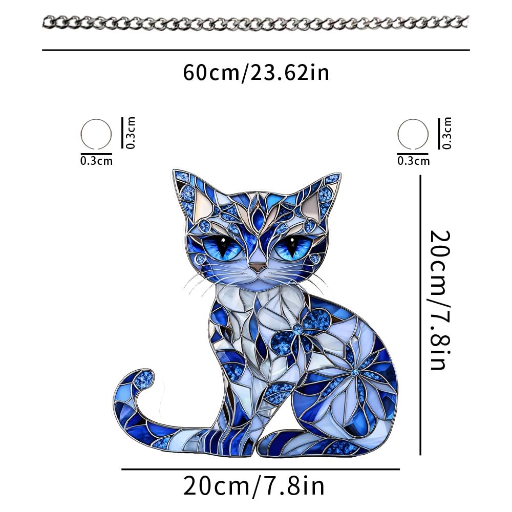 Cat Decor Stained Glass Window Hanging Suncatcher Gift for Mom Women，Blue Cat Suncatcher for Window，Cat Decor Wall Art for Kitchen Livingroom Office
