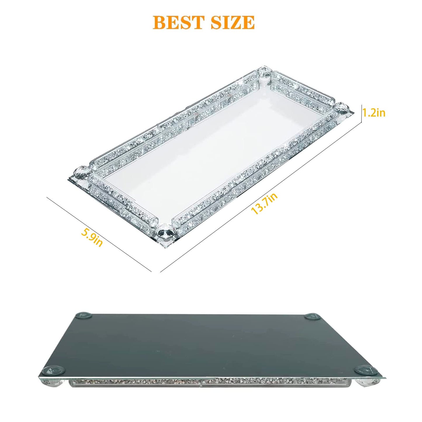 Crystal Glass Serving Tray, Crushed Diamond Filled Modern Glass Mirror Jewelry Trinket Tray, 13.7" x 5.9" Rectangular Makeup Perfume Tray for Bedroom Dresser, Home Decor, Banquet,Party(Silver)