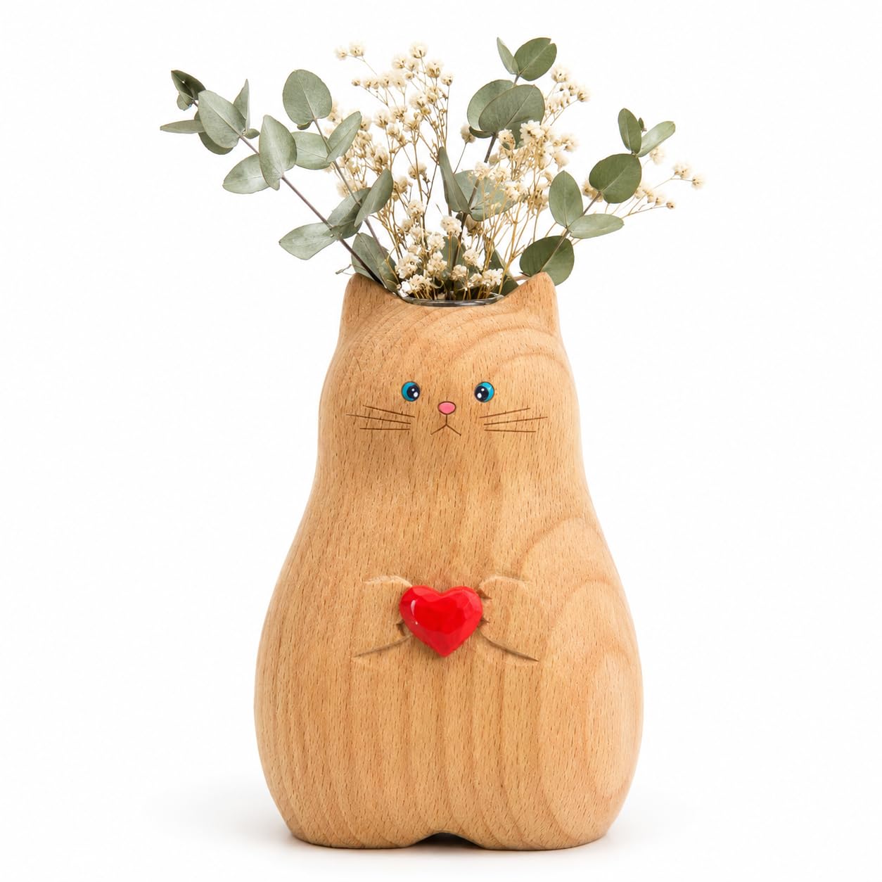 Cat Vase Handmade Wooden Vase, Home Decor Small Vases,Solid Wood Cat Statue Holding Heart Shaped,Modern Creative Cat Decor