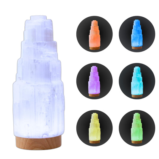 Wish Well Large Selenite Lamp with 7 Color LED Wooden Base - 8" Selenite Tower Healing Crystals for Zen Decor, Spiritual Room Decor, Energy Healing, and Protection