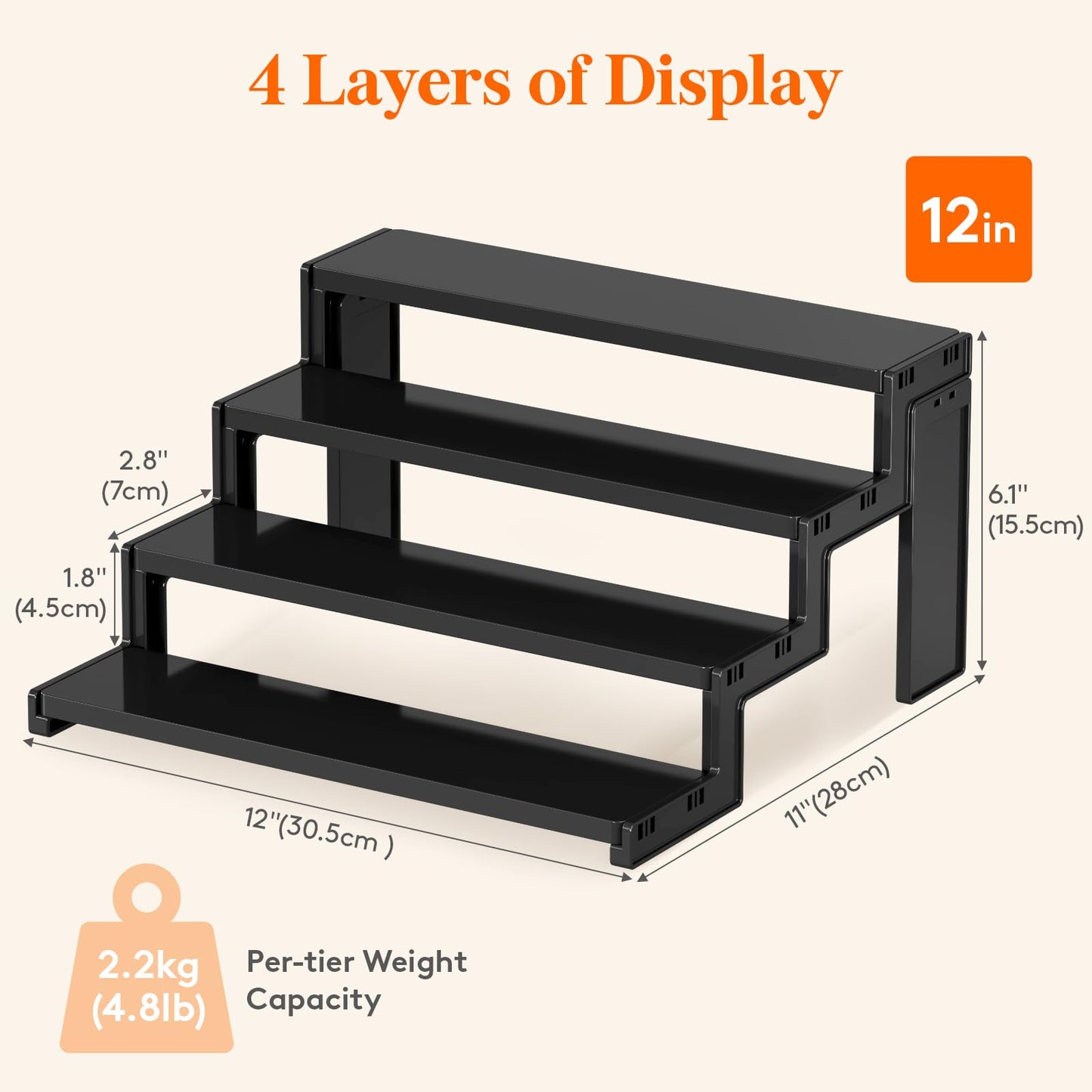 Lifewit Spice Rack, Perfume Cologne Organizer, Cupcake Stand, Tool-Free Assembly, Display Riser Shelf, Seasoning Figurine Makeup Holder, Room Decor, Kitchen Cabinet Storage, Black, 12in-4 Tier, 2 Pcs