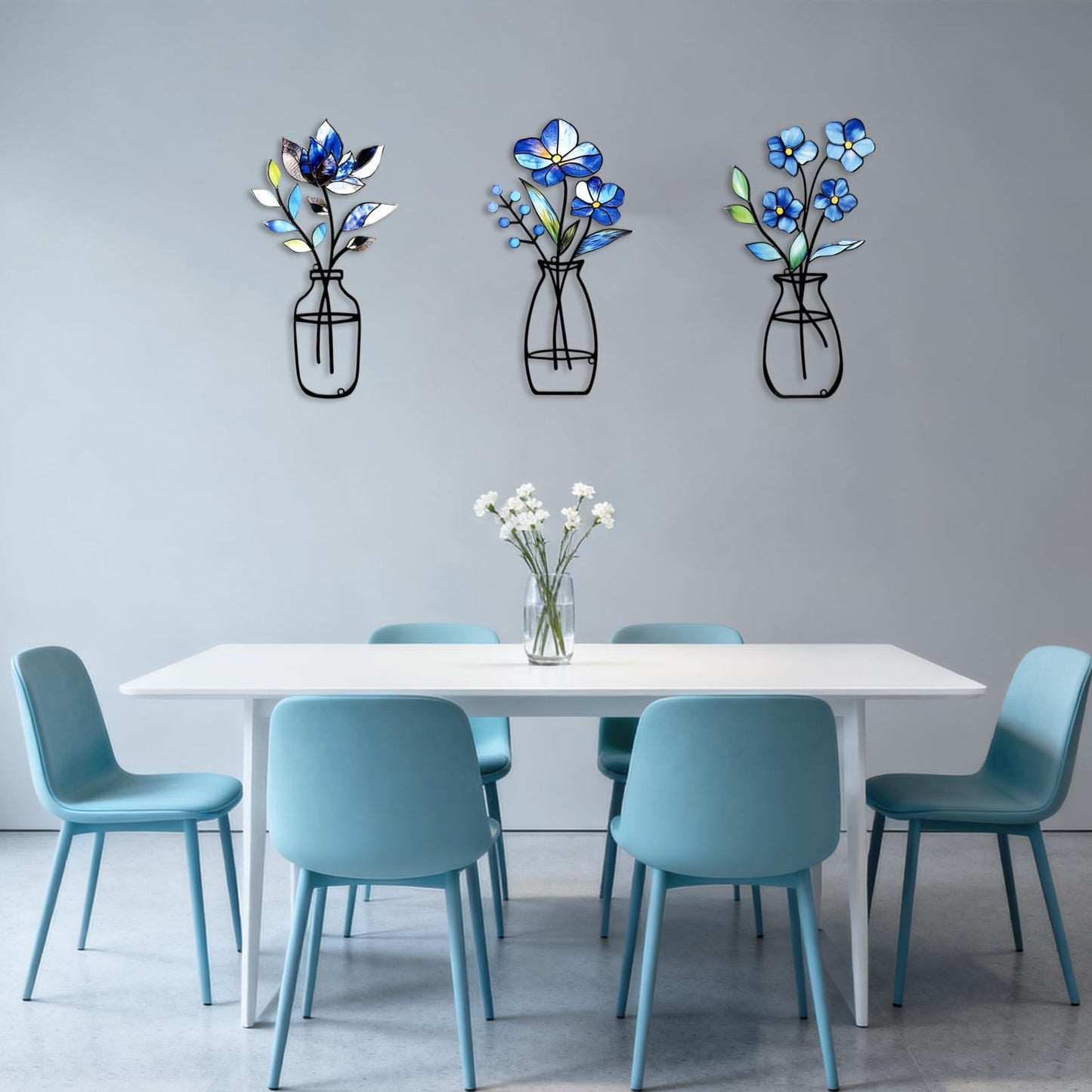 KIROYAL 3 Pcs Metal Vase Wall Arts,Iron Art Painting,Rustic Farmhouse Decor Minimalist Flower Wall Decor for Bedroom Bathroom Living Room Dining Room(Blue, Vase-D)
