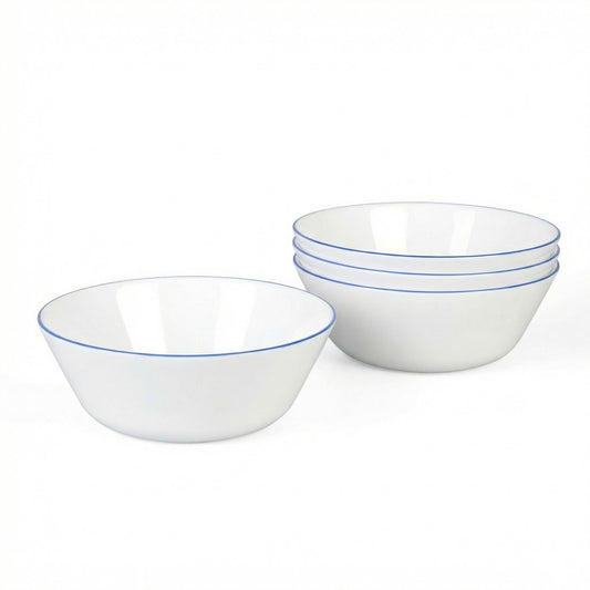 LaGlint 16OZ Opal Glass Cereal and Soup Bowl Set of 4, 6 inch Dishwasher & Microwave Safe Round Bowls for Salad and Rice, Hand Painted Navy Blue Rim