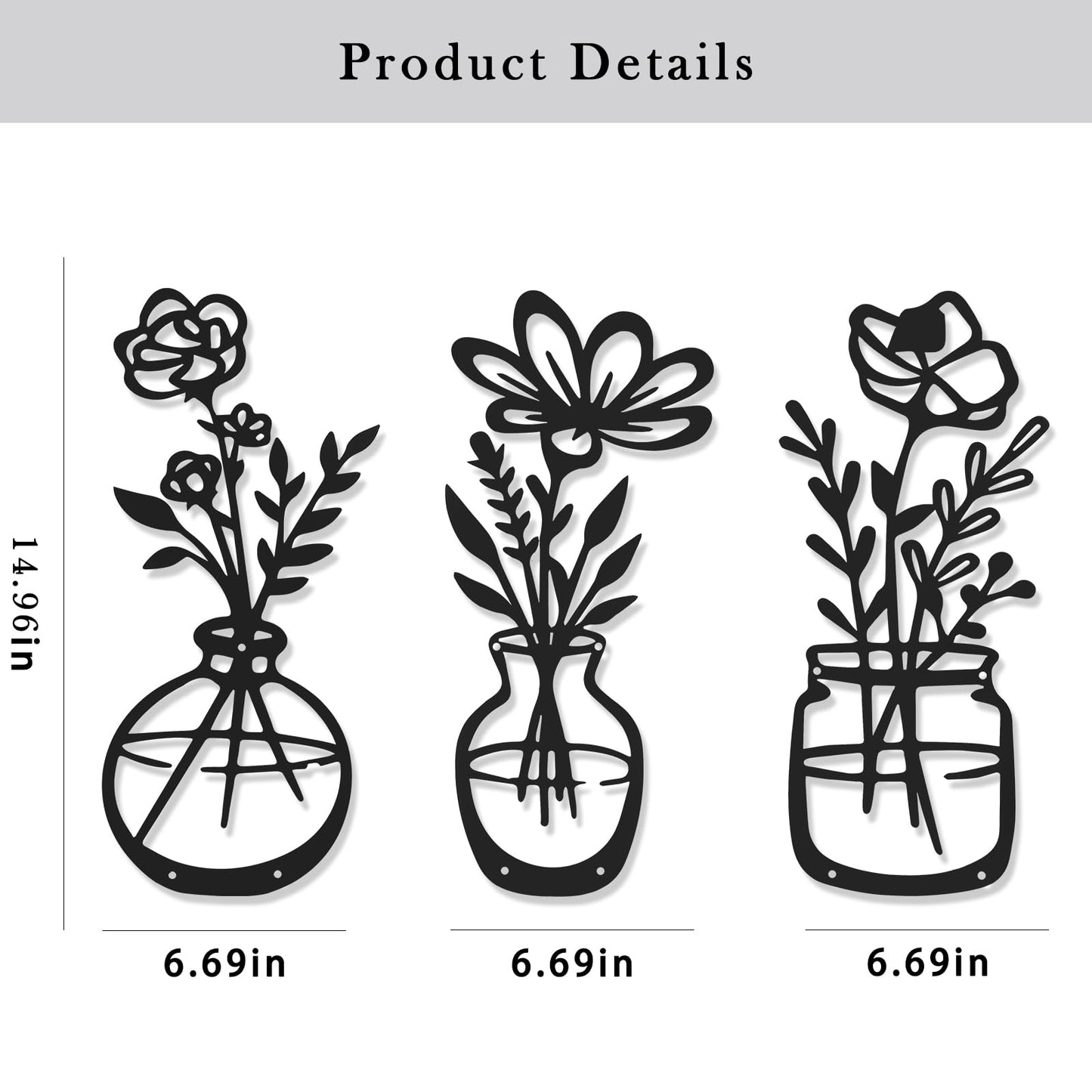 AMAATE 3Pcs Black Metal Flower Vase Wall Art Botanical Iron Farmhouse Decor